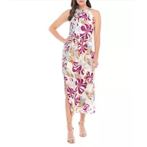 Ellen Tracy Maxi Dress L Large Blue Orange Cream Purple Floral Pockets Washable - Picture 1 of 15